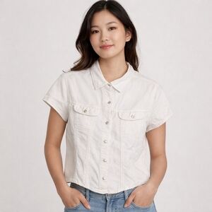 Dyna White Denim Button-Up Shirt | Short Sleeve Utility Top | Women’s
